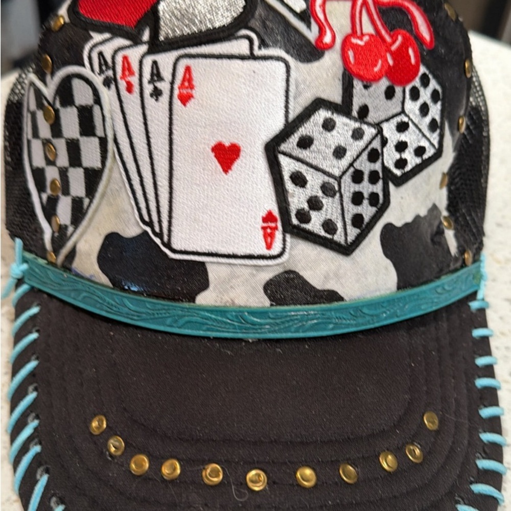 OTTO Black, White & Red Poker Patchwork Baseball Cap with Turquoise Trim.